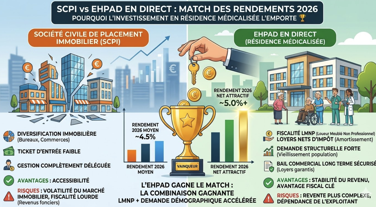 image SCPI vs EHPAD en direct : le match des rendements 2026 — et pourquoi l'investissement en résidence médicalisée l'emporte 🏆